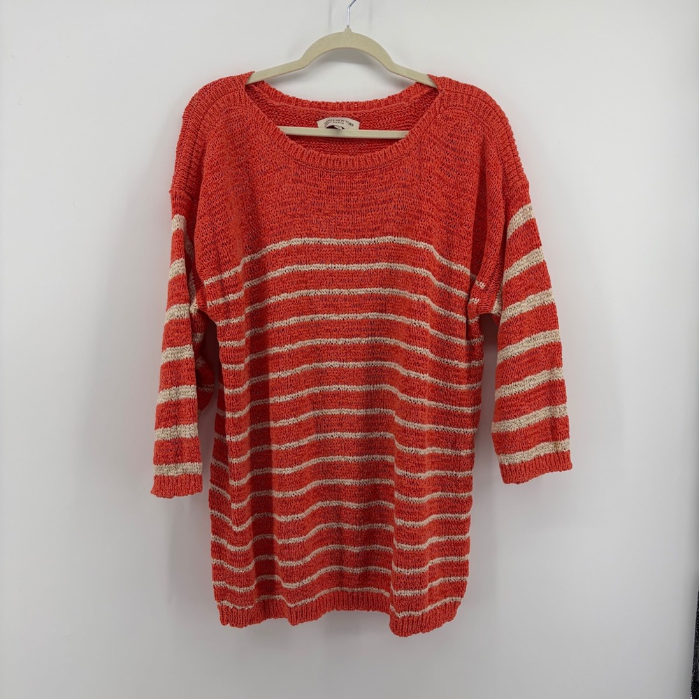 Jones New York Women 3X Sweater Orange Plus Size Striped 3/4 Sleeve Coastal Knit